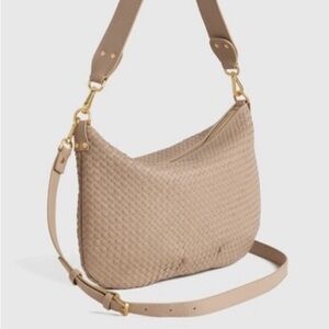 Quince Italian Leather Convertible Crescent Handwoven Shoulder Bag Taupe